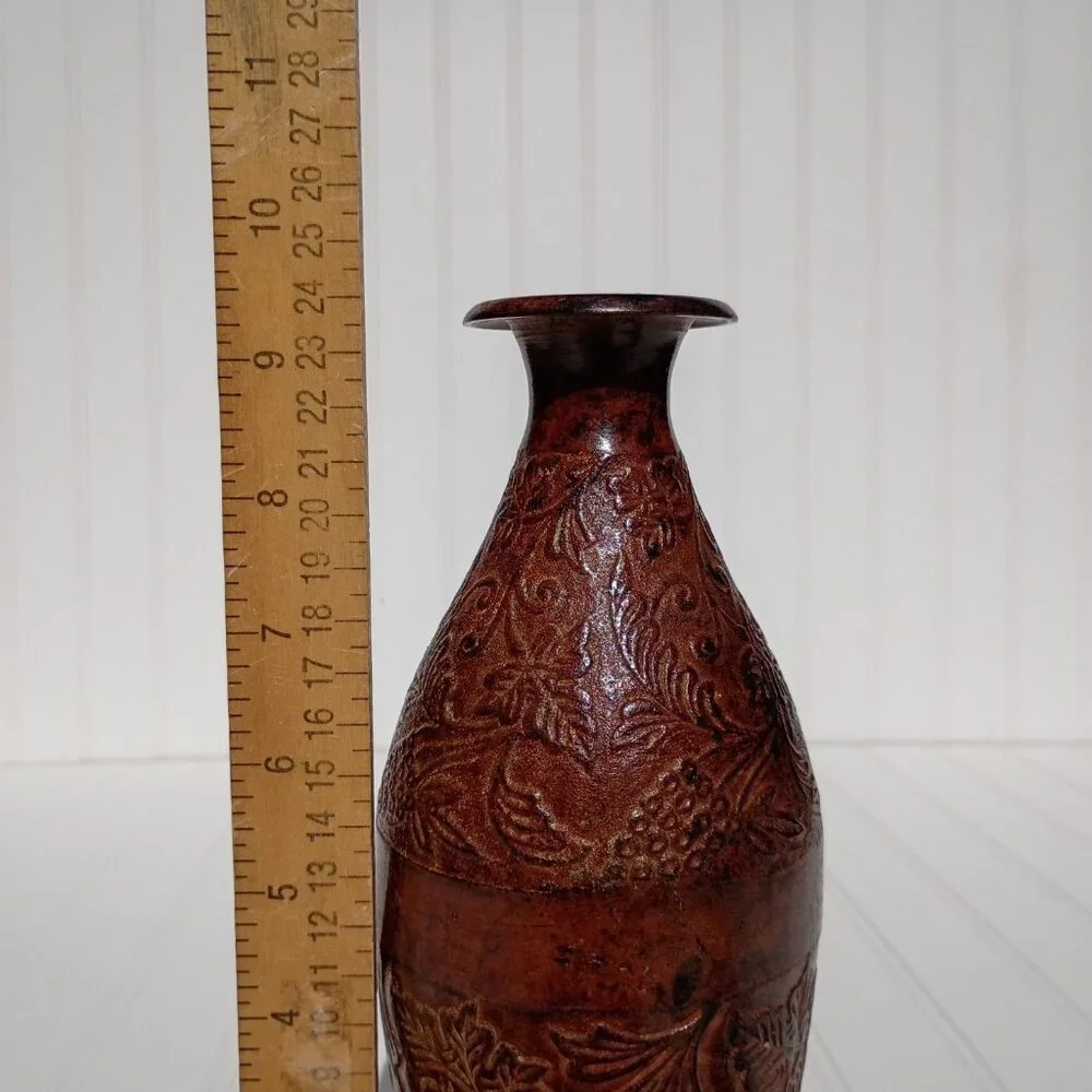 Vtg Cast Bronze Vase Grape & Vine Embossed Bottle Mid-Century Verdigris 9.75